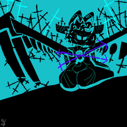 anthro back_wings big_butt blue_background butt cross femboy heart_symbol horn male melee_weapon open_chest polearm silhouette simple_background solo spear tailless vein weapon wings nu_upsilon mekuno_umiko canid canine fox mammal 1:1
