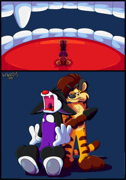 2_toes 3_toes 4_fingers anthro big_pawpads big_tongue cartoon_gloves cartoon_physics clothing feet fingers group in_mouth male male/male open_mouth overalls red_tongue shirt slapstick slapstick_humor soles tail tail_grab thick_tongue toes tongue toony topwear trio vore whiskers wide_tongue marquis2007 chase_(marquis2007) herman_(marquis2007) roderick_(tamerkoh) cheetah felid feline hybrid imp lagomorph leporid mammal pantherine rabbit tiger absurd_res alpha_channel hi_res