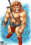 2012 abs absurd_res anthro belt biceps big_muscles bomb_(artist) boots bottomwear brown_hair clothed clothing felid footwear hair hi_res leo_(red_earth) lion loincloth male mammal muscular muscular_anthro muscular_male nipples pantherine pecs red_earth red_eyes solo topless