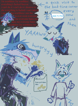 anthro black_clothing black_shirt black_t-shirt black_topwear blue_body blue_fur clothed clothing dialogue eating food fur gesture grey_body grey_fur hand_gesture hungry male open_mouth sad shirt smile solo suicidal_ideation t-shirt text thumbs_up topwear yawn demensa emil_(demensa) canid canine canis coyote domestic_dog hybrid mammal 2023 english_text hi_res sketch