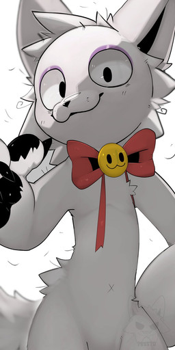 anthro black_claws black_pawpads bow_tie bow_tie_only cheek_tuft claws eyeshadow facial_tuft front_view fur gesture hand_gesture hand_on_hip logo looking_at_viewer makeup male mostly_nude navel nude_anthro pawpads pointing pointing_at_self purple_eyeshadow red_bow_tie simple_background smile solo text tuft white_background white_body white_fur x_navel presto_(artist) carbine_wolf_(character) canid canine canis mammal wolf 1:2 artist_logo artist_name half-length_portrait hi_res portrait