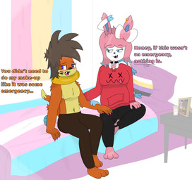 ambiguous_gender anthro bed blush colored_nails duo female furniture gender_confusion lipstick makeup male nails pride_color_flag shirtless_anthro text hupla21 nintendo pokemon fang_(hupla21) pixie_(hupla21) buizel eeveelution generation_4_pokemon generation_6_pokemon pokemon_(species) sylveon absurd_res english_text hi_res signature