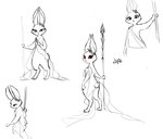 anthro clothed clothing dreamworks english_text fan_character female frown hi_res holding_object holding_weapon lagomorph leporid life_(plobster) long_ears looking_back looking_down mammal prick_ears puss_in_boots_(dreamworks) rabbit random_seafood red_eyes short_tail sketch solo staff standing tail text weapon