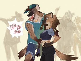 anthro baseball_cap black_coded blue_eyes bottomwear brown_body brown_fur brown_hair chain_necklace clothing crop_top dreadlocks duo facial_markings fangs female fingerless_gloves fluffy fluffy_tail fur gloves hair hand_on_hip handwear hat head_markings headgear headwear holding_another jewelry laugh long_hair long_tail male markings midriff narrowed_eyes necklace onomatopoeia pants round_ears sharp_teeth shirt short_hair shorts snout snout_markings sound_effects speech_bubble spots spotted_body spotted_fur squint tail tank_top teeth text tied_hair topwear ruffu ruffus_hyena hyena mammal