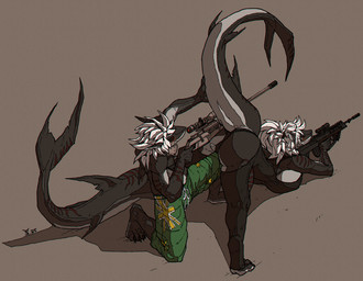 aiming_gun anthro ass_up australian_flag_pants bad_trigger_discipline big_breasts big_butt black_clothing black_sclera blush bottomwear breasts breasts_on_ground butt claws clothed clothed_anthro clothed_female clothed_male clothing dorsal_fin duo f90 feet female fin green_bottomwear green_clothing green_pants grey_body gun hair hand_on_tail hindpaw holding_gun holding_object holding_ranged_weapon holding_rifle holding_weapon huge_breasts jack-o'_pose kneeling male male/female markings panties pants paws ponytail pose pussy_fins raised_tail ranged_weapon red_eyes red_stripes rifle shadow sniper_rifle steyr_scout striped_markings striped_tail stripes swimming_trunks swimwear tail tail_fin tail_markings tight_clothing toe_claws underwear union_jack weapon white_hair white_sclera alexandrys alik_(tiger74005) sasha_(tiger74005) aquatic fish requiem_shark shark tiger_shark 2025 chromatic_aberration digital_drawing_(artwork) digital_media_(artwork) hi_res shaded signature