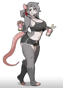 anthro barefoot beverage_can big_breasts blush bottomwear bra breasts brown_eyes cleavage clothed clothing countershade_face countershade_torso countershading dolphin_shorts feet female fur grey_body grey_countershading grey_fur grey_hair grin hair half-closed_eyes long_hair looking_at_viewer midriff narrowed_eyes navel pink_nose ponytail shorts simple_background smile solo underwear walking white_background 00niine jessie_(00niine) american_opossum mammal marsupial 2026 digital_media_(artwork) hi_res