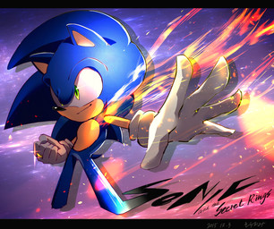 anthro biped black_bars blue_body blue_fur clothing fire fist fur gloves gold_(metal) gold_jewelry green_eyes handwear jewelry male ring smile solo standing text solaomi sega sonic_and_the_secret_rings sonic_storybook_series sonic_the_hedgehog_(series) sonic_the_hedgehog eulipotyphlan hedgehog mammal 2015 dated english_text
