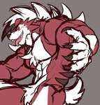 anthro claws fur glowing glowing_eyes male muscular muscular_anthro muscular_male nude open_mouth pecs red_body red_eyes red_fur sharp_teeth simple_background solo teeth tongue tongue_out white_body white_fur istani nintendo pokemon canid canine generation_7_pokemon lycanroc mammal midnight_lycanroc pokemon_(species) hi_res