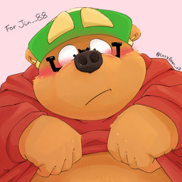 5_fingers anthro belly black_nose blush brown_body brown_fur clothed clothing clothing_lift eyewear fingers fur glasses hat headgear headwear hoodie hoodie_lift humanoid_hands kemono male overweight overweight_male simple_background solo topwear 0ottotto0 bear mammal 1:1 2026