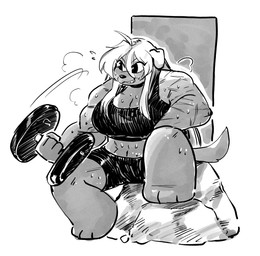 anthro arm_scar bodily_fluids bra breasts cleavage clothed clothing dumbbell exercise exercise_clothing female on_rock rock scar sitting sitting_on_rock solo sports_bra sweat underwear weights anaugi hachimitsu:_blade_for_hire miel_gallerte_(anaugi) canid canine canis domestic_dog mammal digital_media_(artwork) digital_painting_(artwork) digital_watercolor_(artwork) hi_res monochrome painting_(artwork) watercolor_(artwork)