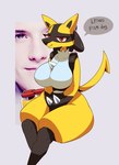 2023 anthro big_breasts biped black_hands bodily_fluids breasts bunnemilk chest_spike chest_tuft dialogue english_text eyelashes facial_markings female fur generation_4_pokemon genital_fluids glass_jar hand_on_crotch hand_spike head_markings hi_res humor jarate josh_hutcherson_whistle looking_at_viewer lucario markings mask_(marking) meme mixed_media mouth_closed nintendo nude pokemon pokemon_(species) real red_eyes shadow shiny_pokemon simple_background sitting solo speech_bubble spikes spikes_(anatomy) tail text tuft urine yellow_body yellow_fur yellow_tail