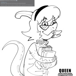 accessory anthro bone_frill book buckteeth clothing eyewear female frill_(anatomy) glasses hair_accessory hairband long_tail nerd smile snout solo spiked_tail spikes spikes_(anatomy) sweater tail teeth text topwear turtleneck espectro111222 4chan cavemanon_studios snoot_game melissa_(snoot_game) dinosaur hadrosaurid ornithischian ornithopod parasaurolophus prehistoric_species reptile scalie 1:1 2025 artist_name english_text hi_res monochrome sketch watermark