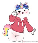 anthro blush bottomless clothed clothing eyewear eyewear_on_head featureless_crotch fur goggles goggles_on_head hair heart_(marking) hoodie hoodie_only hooves horn looking_at_viewer markings multicolored_hair multicolored_horn multicolored_tail rainbow_hair rainbow_horn rainbow_tail simple_background smile solo tail text topwear topwear_only white_background white_body white_fur hanuvo lost_ark mythology patreon domestic_cat equid equine felid feline felis hybrid mammal mythological_creature mythological_equine unicorn english_text