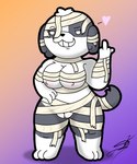 anthro bandage big_breasts breasts clothed clothing disguise female flirting_look fur genitals gesture grey_body grey_fur grey_tail hand_gesture hand_on_hip middle_finger partially_clothed pussy short_stack simple_background slightly_chubby smile smiling_at_viewer solo tail thick_thighs white_body white_fur d13w0tt_(artist) dogs_in_space netflix nomi_(dogs_in_space) canid canine canis domestic_dog mammal shih_tzu toy_dog 5:6 hi_res