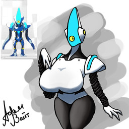 1_eye big_breasts breasts claritas_centralis_(spark_the_electric_jester) female machine robotic robotic_arm robotic_limbs simple_background solo text thick_thighs yellow_sclera adamwhite spark_the_electric_jester humanoid robot robot_humanoid hi_res reference_image russian_text shaded simple_shading