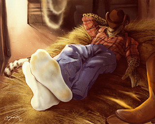 afternoon anthro boots boots_removed bottomwear clothed clothed_anthro clothed_male clothing cowboy cowboy_boots cowboy_hat cowboy_outfit detailed_background dirt dirty dirty_clothing dirty_socks feet foot_fetish foot_focus foot_outline footwear fully_clothed fully_clothed_anthro fully_clothed_male fur golden_hour hat hay hay_in_mouth headgear headwear humanoid_feet lying male male_anthro markings on_back pants plantigrade ranch relaxing shirt shoes sleeping sock_fetish socks solo spots spotted_body spotted_fur topwear yellow_body ozomatli felid jaguar mammal pantherine digital_drawing_(artwork) digital_media_(artwork) hi_res shaded