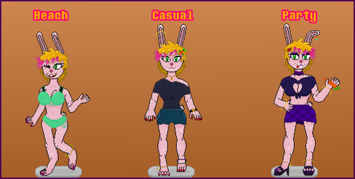 anklet anthro beach bikini bottomwear clothing collar colored_nails colored_toenails ear_piercing ear_ring feet female footwear fur group high_heels jewelry nails party piercing pink_body pink_fur pose purple_clothing purple_footwear purple_high_heels ring_piercing shoes shorts skirt smile standing swimwear toenails toes topwear trio two-piece_swimsuit milkybun29 milky_rivas lagomorph leporid mammal rabbit digital_media_(artwork) hi_res model_sheet pixel_(artwork)