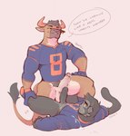 american_football_uniform anthro balls black_body black_fur bodily_fluids bottomless clothed clothing cum cum_on_chest cum_on_face cum_on_penis duo ear_piercing ear_tag erection eyebrow_piercing facial_piercing football_player footwear foreskin frottage fur genital_fluids genital_piercing genitals horn humanoid_genitalia humanoid_penis male male/male multiple_piercings muscular muscular_male nose_piercing nose_ring penile penis penis_piercing piercing prince_albert_piercing pubes ring_piercing sex smile socks sportswear tail tail_tuft tan_body tan_fur tuft tohfu benji_(archonwanderer) spiritpaw atelid bovid bovine cattle haplorhine mammal monkey new_world_monkey primate spider_monkey hi_res nonbinary_(lore) trans_(lore)