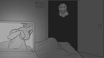 5_fingers anthro bed big_breasts breasts computer covering covering_breasts covering_own_breasts covering_self creepy creepy_face darkness detailed_background dialogue door duo electronics female fingers first_person_view fur furniture humanoid_hands inside laptop looking_at_viewer lying on_back on_bed open_mouth pointy_ears prick_ears raised_arm sharp_teeth standing talking_to_viewer teeth text thick_thighs evergreenplate creepypasta smile.dog canid canine canis domestic_dog mammal 16:9 black_and_grey english_text hi_res monochrome widescreen