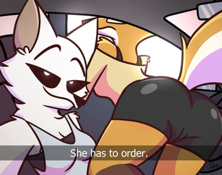 anthro breasts butt camel_toe car cleavage clothed clothing drive-thru duo female vehicle animatedmau he_wants_to_order chloe_(animatedmau) rey_(animatedmau) arctic_fox canid canine fox mammal red_fox true_fox hi_res meme