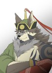 anthro clothed clothing fur hair male mongolian mongolian_clothing pecs simple_background solo tattoo ioenami88 lifewonders tokyo_afterschool_summoners temujin_(tas) canid canine canis mammal wolf absurd_res hi_res