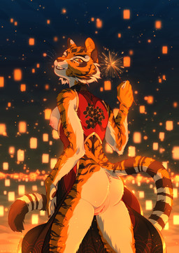 anthro breasts butt female festival genitals lamp lantern looking_at_viewer looking_back night nipples smile solo sparks stripes vulva blyadskiisychic dreamworks kung_fu_panda master_tigress felid mammal pantherine tiger hi_res