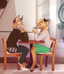 anthro beverage chair coffee container cup deer duo felid feline female feve fur furniture hi_res lynx male male/female mammal multi_tone_fur multicolored_body multicolored_ears multicolored_fur table two_tone_body two_tone_fur