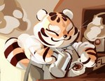 >3 ambiguous_gender anthro beverage black_striped_fur black_stripes clothed clothing coffee coffee_mug coffee_pot eyes_closed fur holding_coffee_mug holding_coffee_pot holding_object inside orange_body orange_fur round_nose smile solo steam striped_body striped_fur stripes white_body white_fur spunkzoid felid mammal pantherine tiger