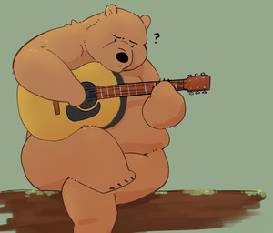 acoustic_guitar anthro belly big_belly biped black_nose brown_body brown_fur fur guitar kemono musical_instrument overweight plucked_string_instrument question_mark sitting solo string_instrument 0ottotto0 bear mammal 2024 hi_res portrait