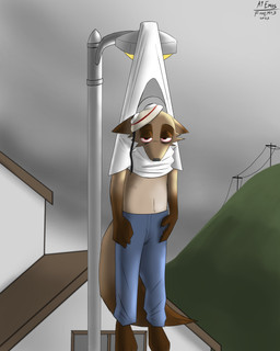 anthro blue_bottomwear blue_clothing blue_pants bottomwear brown_body brown_fur building clothing cloud cloudy_sky countershading detailed_background dipstick_tail fur hanged hill house looking_at_viewer male markings mask pants red_eyes shirt sky solo street_lamp tail tail_markings topwear white_clothing white_shirt white_topwear a9ymus foxymus_(a9ymus) canid canine fox mammal 2025 absurd_res digital_media_(artwork) hi_res shaded