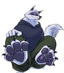 anthro black_pawpads claws clothed clothing feet fluffy foot_fetish foot_focus grin looking_at_viewer low-angle_view male pawpads paws red_eyes sitting smile solo upward_angle ultimatellurker dreamworks puss_in_boots_(dreamworks) death_(puss_in_boots) canid canine canis mammal wolf absurd_res hi_res