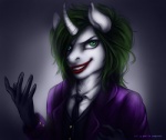 alternate_species anthro clothed clothing fur furrification green_eyes green_hair hair horn looking_at_viewer magic male necktie purple_background simple_background smile solo white_body white_fur americandork batman_(series) dc_comics hasbro my_little_pony mythology the_joker equid equine mammal mythological_creature mythological_equine unicorn bust_portrait crossover digital_media_(artwork) portrait