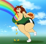 anthro big_breasts bottomwear breasts cleavage cleavage_overflow clothed clothing coin curvy_figure eyewear female glasses grass hair huge_breasts huge_thighs plant rainbow shorts sky solo thick_thighs voluptuous wide_hips goblinhordestudios superia canid canine canis domestic_dog mammal absurd_res hi_res