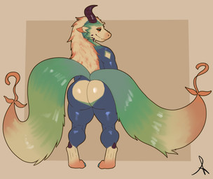 2_tails anthro ass_up big_butt big_horn black_sclera blonde_hair blue_body blue_butt blue_claws blue_pupils brown_horn bubble_butt butt butt_heart butt_markings calves_up claws countershade_butt countershading curvy_figure digitigrade facial_markings glistening glistening_body glistening_butt glistening_horns green_butt green_tail hair head_markings horn long_hair looking_at_viewer looking_back male markings multi_tail multicolored_body multicolored_tail muscular muscular_male paws pupils red_hair red_nose red_paws simple_background smile solo tail tail_tuft tan_background tan_claws tuft voluptuous yellow_butt yellow_paws sam_nevadito_(artist) mythology hideaki_(akeshitanaki) dragon mythological_creature mythological_scalie scalie 2025 absurd_res flat_colors hi_res signature