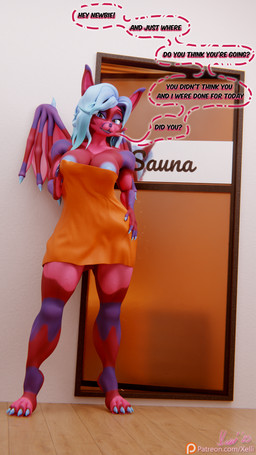 abs anthro areola areola_outline areola_slip athletic athletic_anthro athletic_female back_wings bat_wings big_breasts blue_claws blue_eyes blue_hair blue_nipples breasts claws dialogue digitigrade dominant dominant_anthro dominant_female eyebrows eyelashes female flirting flirting_with_viewer fur hair inside long_ears membrane_(anatomy) membranous_wings multicolored_body multicolored_fur muscular muscular_anthro muscular_arms muscular_female muscular_thighs nails nipple_outline nipple_slip nipples pawpads paws pink_body pink_fur purple_body purple_fur red_body red_fur sauna solo speech_bubble tail tattoo teasing teasing_viewer text thick_thighs toe_claws towel towel_only wing_claws wings womb_tattoo xelli fiana_(xelli) bat mammal 3d_(artwork) 9:16 blender_(artwork) blender_cycles_(artwork) digital_media_(artwork) english_text hi_res