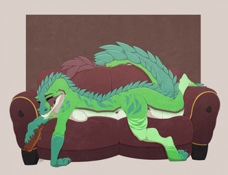 4_fingers anthro big_tail bottle breast_squish breasts claws container countershading drunk eyes_closed female fingers furniture green_body holding_bottle holding_container holding_object huge_tail medium_breasts non-mammal_breasts nude on_sofa scales side_view simple_background sleeping smile sofa solo squish substance_intoxication tail teeth ventral_scales white_body white_countershading adaxel17 koldia alligator alligatorid crocodilian reptile scalie 2024 digital_media_(artwork) hi_res