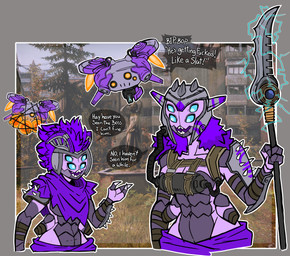 4_eyes anthro armor blue_eyes dialogue duo female headgear helmet holding_melee_weapon holding_object holding_polearm holding_scythe holding_weapon machine melee_weapon multi_eye open_mouth outside plant polearm profanity scythe speech_bubble standing text thick_thighs tree weapon wide_hips christomwow bungie destiny_(series) alien eliksni robot absurd_res english_text hi_res