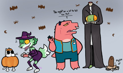 antennae_(anatomy) anthro cellphone clothing electronics facial_piercing feet female fingers food fruit fur green_body green_fur green_hair group hair hat headgear headwear holding_cellphone holding_object holding_phone holding_smartphone holidays male nose_piercing nose_ring open_mouth phone piercing pink_body pink_skin plant pumpkin ring_piercing smartphone tail text toes whiskers white_body white_fur witch_hat yellow_sclera ncs gamecade_(ncs) halloween beth_(ncs) boss_(ncs) gloose_(ncs) nance_(ncs) tim_(ncs) arthropod canid canine canis crocodilian domestic_cat felid feline felis insect mammal mantis marine pinniped reptile scalie walrus wolf 2024 english_text hi_res