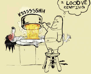 ambiguous_anthro ambiguous_gender ambiguous_human anthro black_hair bottomwear clothed clothed_ambiguous clothing cooking_oil cooking_pot double_chin duo feet furniture hair humanoid_feet humanoid_hands navel nude nude_ambiguous oblivious onomatopoeia pain plantigrade red_eyes shirt shorts smile sound_effects stool text thought_bubble topwear white_body phillip-banks sinkdog animate_inanimate canid canine human mammal english_text hi_res sketch