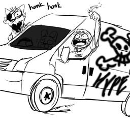 anthro car clothing hat headgear headwear inside_car inside_vehicle machine male medium_truck text truck van vehicle worried rebornica five_nights_at_freddy's ford ford_transit scottgames bonnie_(fnaf) foxy_(fnaf) mike_schmidt animatronic canid canine fox human lagomorph leporid mammal rabbit robot 1:1 english_text low_res monochrome