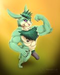 abs action_pose anthro chest_tuft erection fur genitals green_body green_fur green_pubes hair humanoid_genitalia humanoid_penis looking_at_viewer male muscular muscular_anthro muscular_male nipples nude pecs penis pose pubes simple_background solo teeth tuft nanukkluik vacoda hare lagomorph leporid mammal rabbit 2020 4:5 digital_media_(artwork)