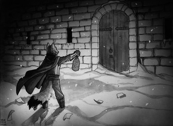 ambiguous_gender anthro armor armwear biped bottomwear breastplate cape clothing dipstick_tail door headgear helmet holding_lantern holding_object lamp lantern markings outside pants rear_view snow snowflake snowing solo standing tail tail_markings wall_(structure) skyelegs canid canine fox mammal 2020 dated greyscale monochrome signature