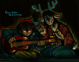 acoustic_guitar anthro antlers black_background blue_sclera brown_body duo female flannel_shirt guitar horn male musical_instrument plucked_string_instrument red_eyes simple_background sitting string_instrument text miaogo deltarune undertale_(series) dess_holiday kris_dreemurr deer human mammal new_world_deer reindeer 2025 hi_res