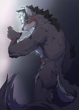 anthro arm_tuft black_hair black_sclera butt cheek_tuft elbow_tuft facial_markings facial_tuft fangs fur grey_body grey_fur hair head_markings inner_ear_fluff male markings messy_hair mouth_closed muscular muscular_anthro muscular_male neck_tuft nipples nude pecs short_hair simple_background solo standing teeth tuft unsigned white_body white_fur white_inner_ear_fluff yellow_eyes awaldkize canid mammal absurd_res alternate_version_at_source colored hi_res portrait three-quarter_portrait
