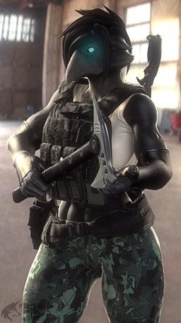 abs anthro armwear axe black_body black_fur black_hair blue_eyes clothing elbow_gloves female fur gloves hair handwear leggings legwear melee_weapon muscular muscular_anthro muscular_female solo topwear vest weapon ludexus petruz_(modeler) bird_(petruz) avian bird corvid corvus_(genus) crow oscine passerine 3d_(artwork) 4k 9:16 absurd_res digital_media_(artwork) hi_res source_filmmaker_(artwork)
