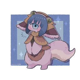 1_eye bangs blue_eyes blue_hair blush bottomless cape clothed clothing female fluffy fluffy_tail fur hair headgear headwear looking_at_viewer pink_body pink_fur shirt simple_background solo tail topwear karin_apple25 made_in_abyss pakkoyan cyclops humanoid narehate 1:1