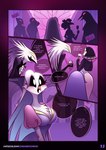 alcohol anthro beverage clothing dialogue dress feathers female group horn male pink_eyes text trio wine yellow_eyes chromaticmood helluva_boss stella's_friend_(helluva_boss) unnamed_character avian bird demon owl absurd_res comic english_text hi_res url