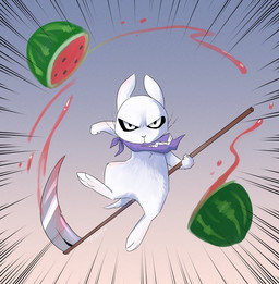 3_toes action_pose barefoot feet feral focus_lines food fruit fur holding_object holding_weapon kerchief kerchief_only looking_at_viewer melee_weapon melon mostly_nude motion_trail paws plant polearm pose radial_speed_lines scythe soles solo speed_lines toes watermelon weapon whiskers white_body white_fur ribbontini lagomorph leporid mammal rabbit signature