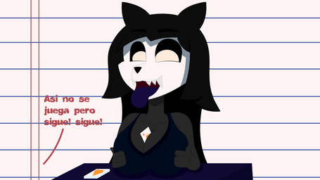 4_fingers anthro big_breasts black_body black_hair blue_clothing blue_shirt blue_tank_top blue_topwear breast_rest breasts breath card cleavage clothed clothed_anthro clothed_female clothing female fingers fondling hair hand_on_breast huge_breasts object_between_breasts offscreen_character open_mouth panting playing_card purple_tongue self_fondle sharp_teeth shirt solo tank_top teeth text tongue tongue_out topwear triangle_nose white_eyes white_face castigo scp_foundation scp-1471-a canid malo mammal 2022 animated hi_res spanish_text