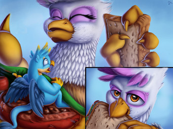 4_toes ambiguous/ambiguous ambiguous_gender anisodactyl avian_feet beak bite blue_body blue_feathers bread claws dominant duo eating extreme_size_difference feathers feet feral food head_tuft looking_at_viewer purple_body purple_feathers sandwich_(food) scared size_difference smile tail tail_tuft talons toes tongue tongue_out tuft vore white_body white_feathers wide_eyed wings yellow_body yellow_claws yellow_eyes yellow_feathers noblewolfa friendship_is_magic hasbro my_little_pony mythology gilda_(mlp) avian gryphon mythological_avian mythological_creature 2019 4:3 absurd_res hi_res